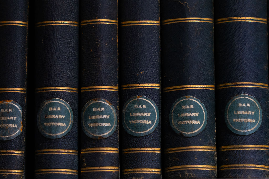 Rows of law reports on a shelf at Svenson Barristers, Melbourne